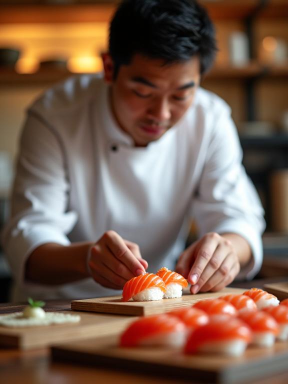 Master Chef Yamato carefully preparing a piece of nigiri sushi.