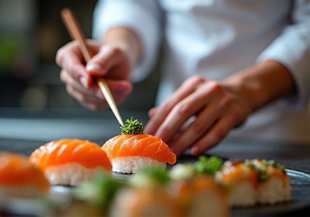 A chef adding a final garnish to a dish with chopsticks.