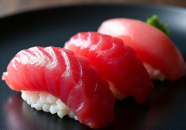 A close-up of three different cuts of tuna nigiri.