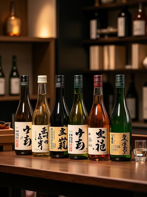 A collection of premium sake bottles displayed at the restaurant.