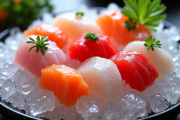 An artistic arrangement of fresh sashimi on ice.